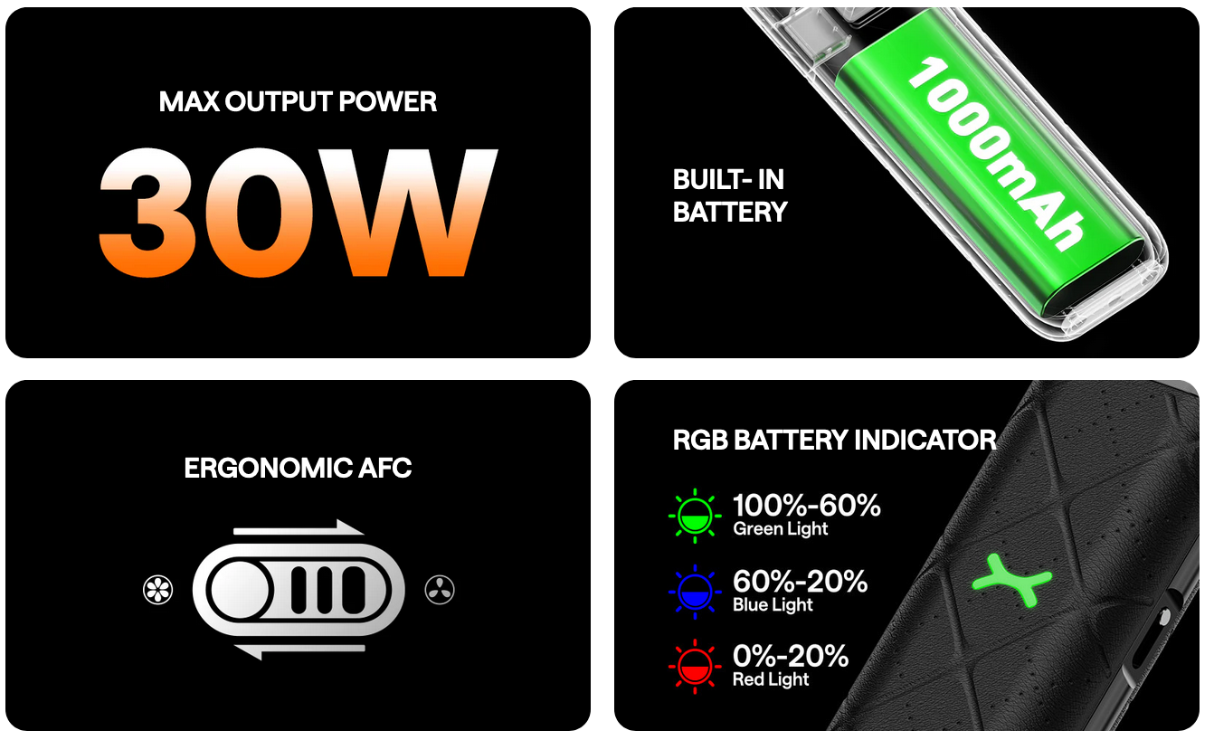 oxva xlim go power indicator, battery life, power output and flow control